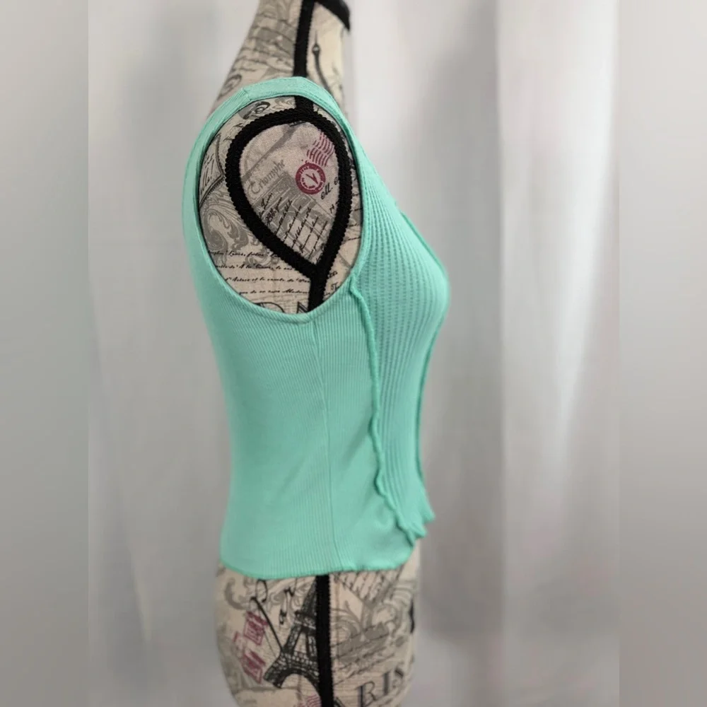 FITZ + EDDI Mint Green Ribbed Cotton Crop Tank Top Size S | Raw Edge Boho